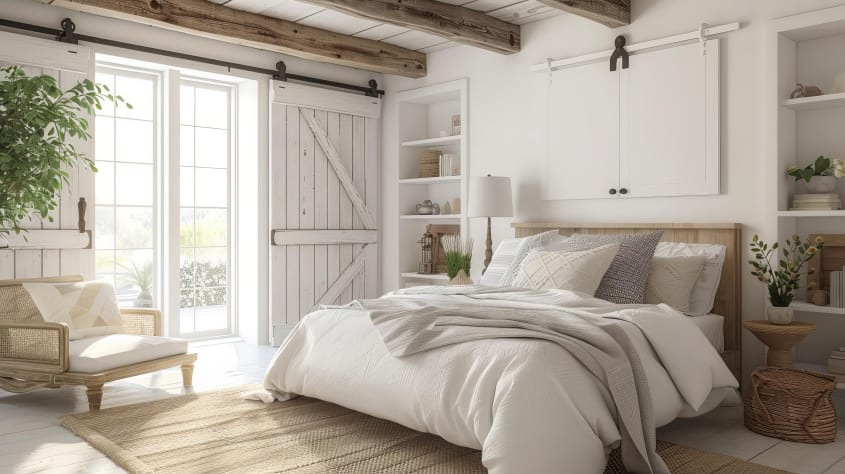 Chambre de style farmhouse avec lit moelleux, poutres apparentes au plafond, accessoires en rotin, portes de grange coulissantes blanches ouvertes sur deux portes françaises