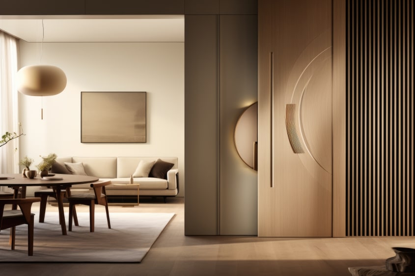 Dans un intérieur de style japandi, une salle à manger avec mobilier en bois, séparée du salon minimaliste par une porte coulissante escamotable en bois avec lattes et rainures circulaires