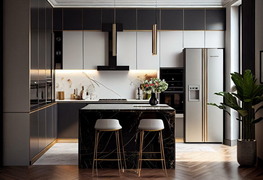 Cuisine luxueuse en noir et blanc aménagée en forme de L, armoires minimalistes, îlot noir marbré et deux tabourets de bar blancs