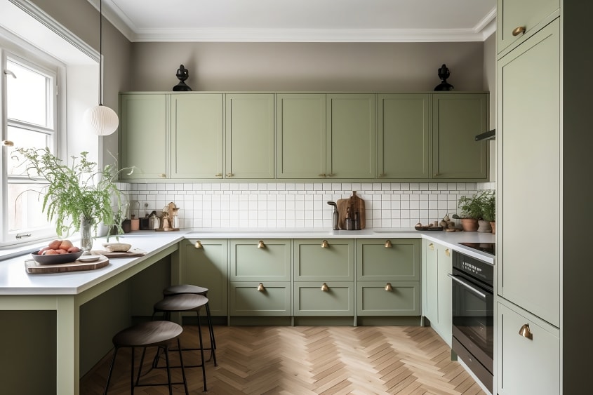 Cuisine de style scandinave aménagée en forme de U avec dosseret en carrelage blanc et armoires vert sauge