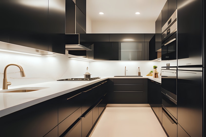 Cuisine moderne aménagée en forme de U, avec armoires noires, comptoir blanc, robinet et poignées en métal bronze