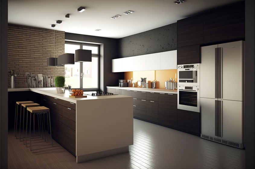 Modern kitchen with brick wall, stainless steel appliances, peninsula with drawers and three bar stools