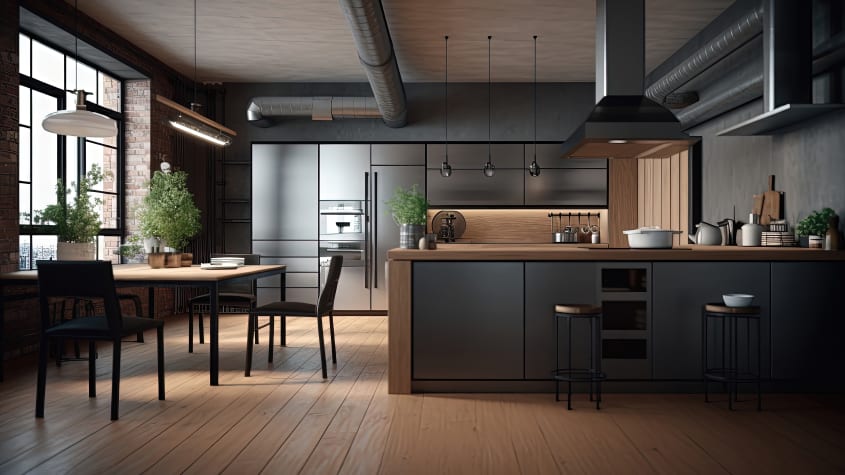Sunlit dark grey kitchen with stainless steel appliances and natural wood details, dining room and peninsula counter with bar stools