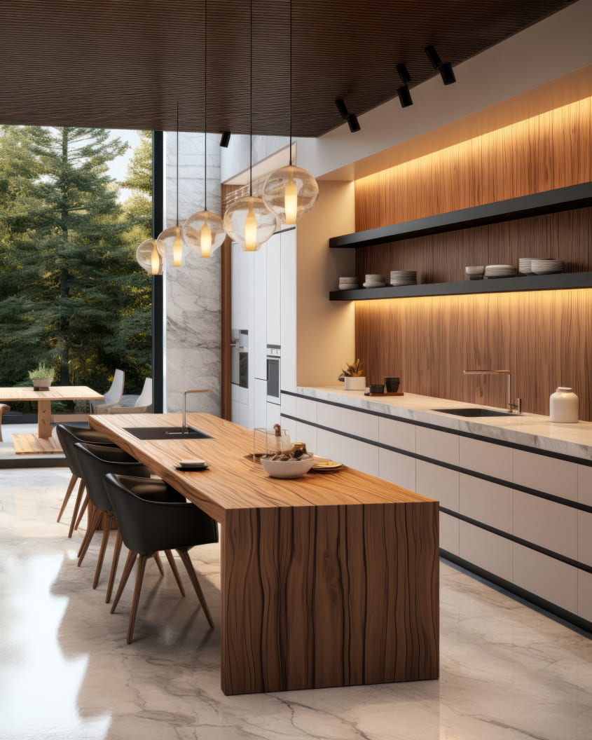 Black and marble kitchen with wood-panel ceiling
