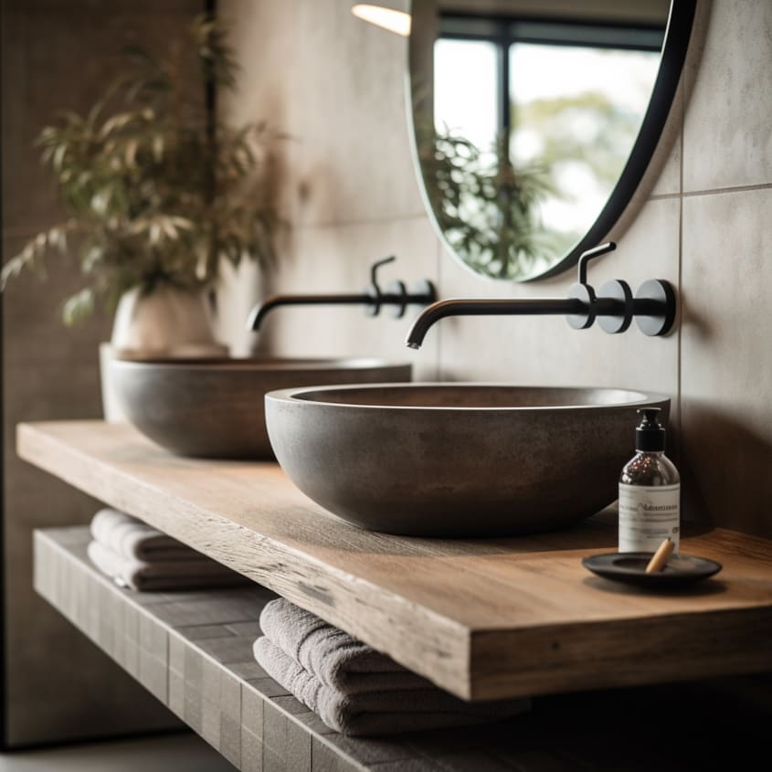 Salle de bain industrielle avec évier en pierre naturelle et murs en béton