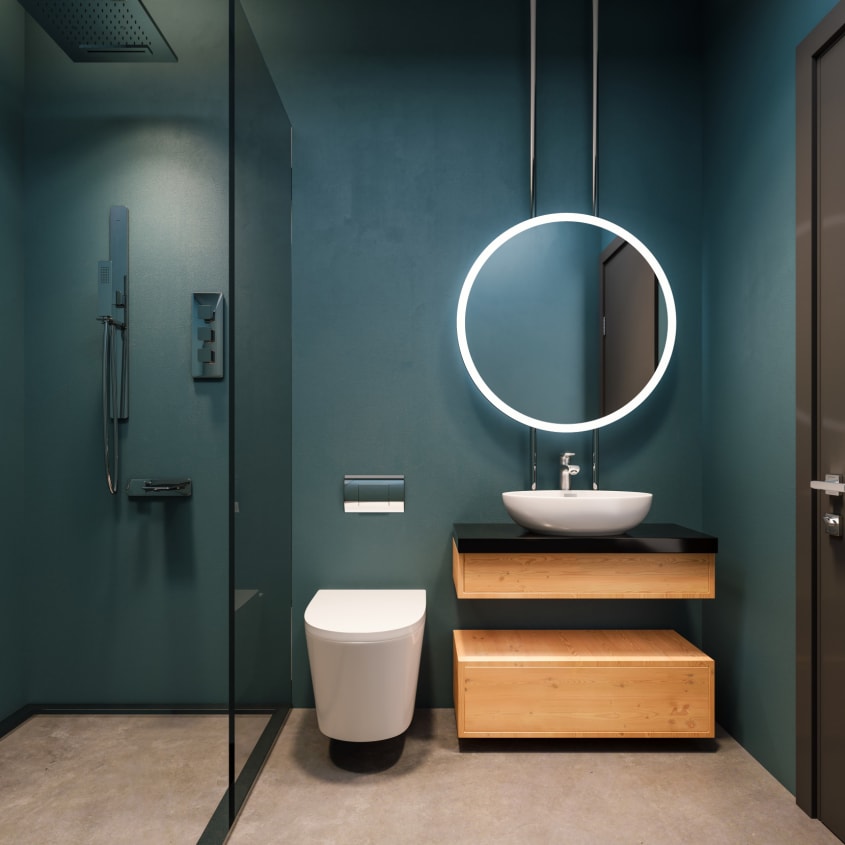 Intérieur moderne avec murs bleus égéens, dosseret en résine