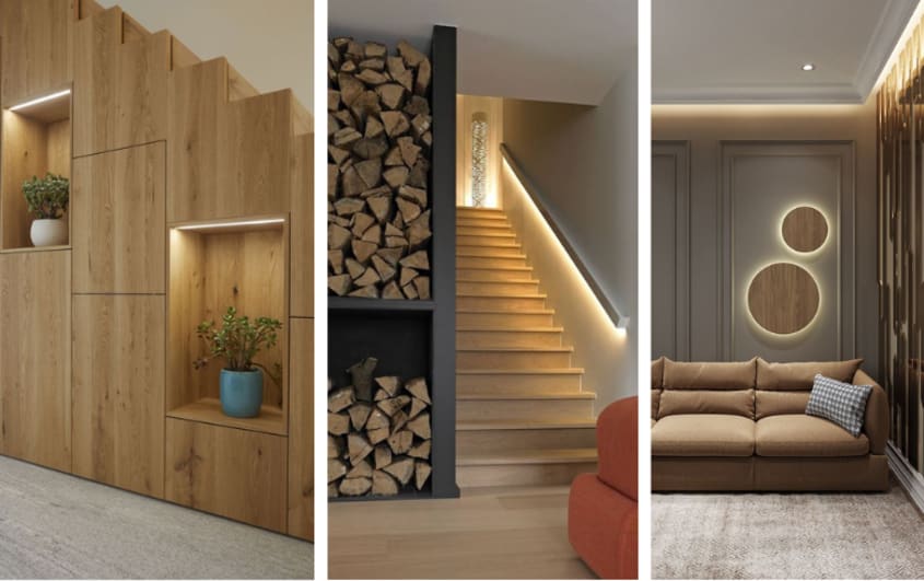 sous-sols avec éclairage d'accentuation au-dessus d'étagères, sous les rampes et derrière éléments décoratifs