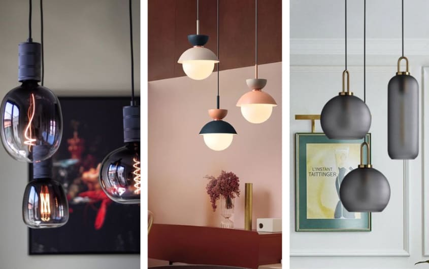 luminaires suspendus dans sous-sol avec éléments décoratifs