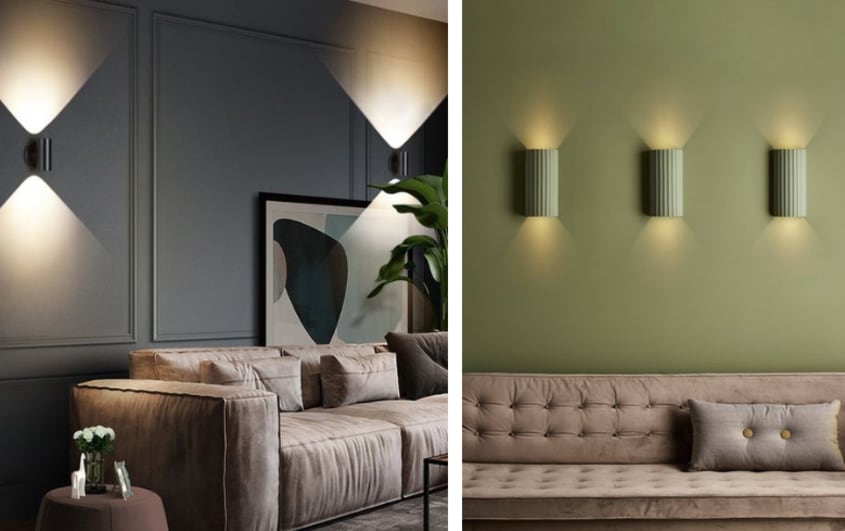 salons dans sous-sols avec éclairage d’appliques au-dessus des canapés