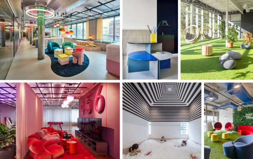 tendances bureau avec espace de repos, sièges colorés et confortables, fauteuils suspendus et piscine à balles pour adultes