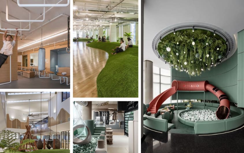 office space with play area containing slide, fake grass and ball pit