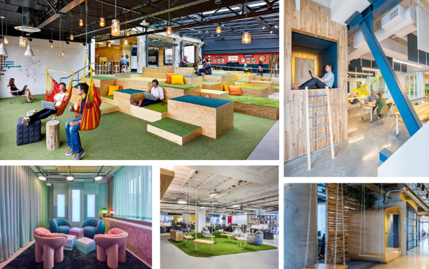 office trends with relaxation areas, colorful chairs, swings and private rest areas
