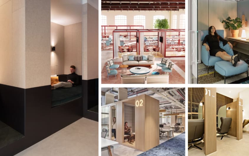 Corporate interior design with neurodiverse spaces containing private spaces to relax
