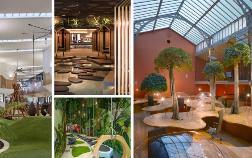 trendy neurodiverse space office with interactive decor with swings, fake grass, plants and private workspace