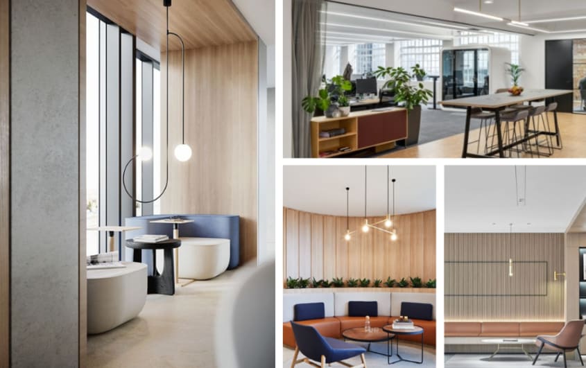 office space, lounge area and eating space in natural light brown colors