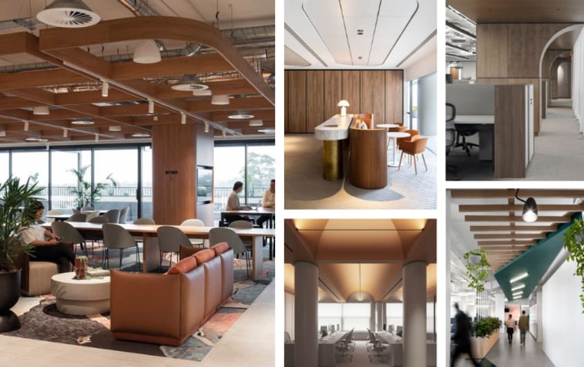 office trend with lounge space, cafeteria and ceiling in natural colors