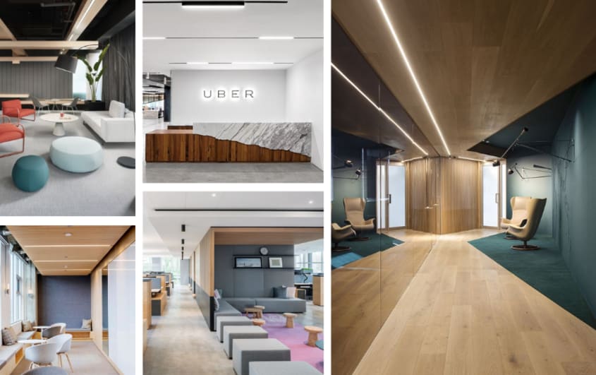 office trend with meeting spaces and relaxation area in natural colors