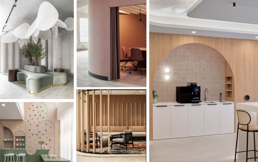 office trend with wall decorations, curved sofas, climbing wall and private areas
