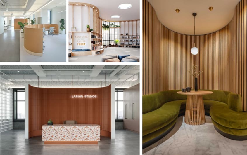 office with curved walls and sofas
