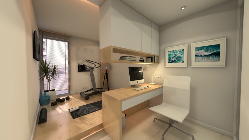 Bureau de télétravail et gym maison dans un espace multifonctionnel aux couleurs neutres