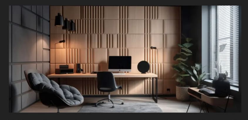 Bureau à la maison, table de style établi, chaise sur roulettes, fauteuil gris pivotant matelassé et mur recouvert de panneaux acoustiques avec rainures