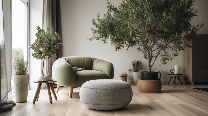 Salon fenestré, fauteuil moelleux vert sauge et gros pouf rond, tables basses en bois et olivier dans un cache-pot