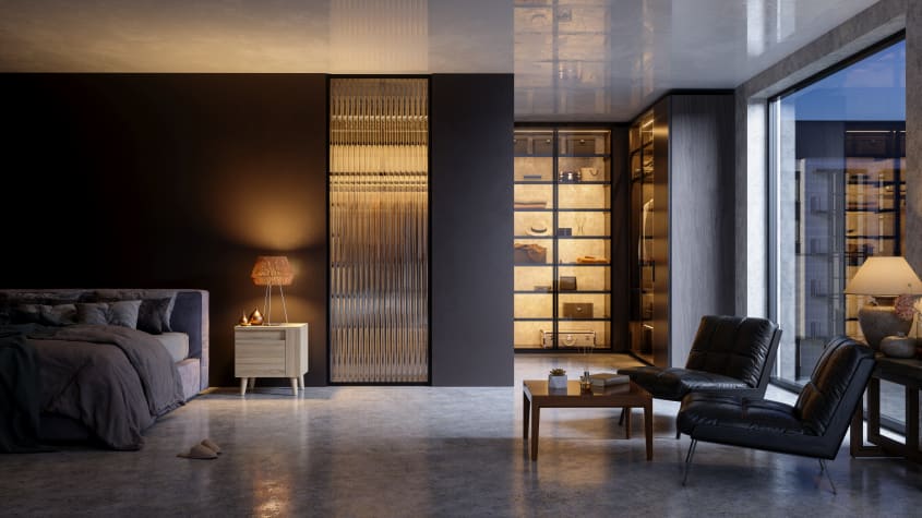 Chambre luxueuse aux murs foncés, garde-robe à porte en verre ondulé et placard d’accessoires rétroéclairé