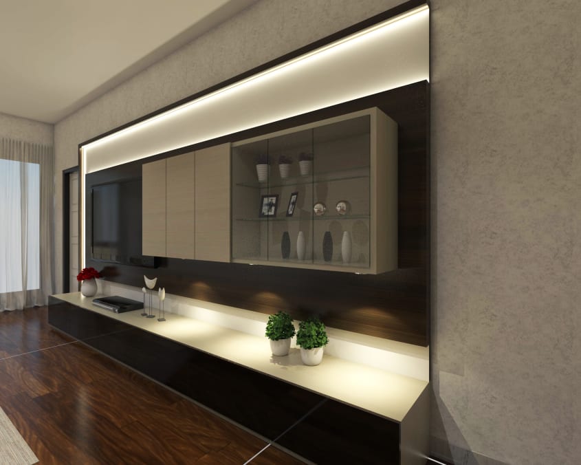 Salon au design contemporain, meuble de rangement mural avec éclairage indirect, commode flottante et plancher en bois foncé