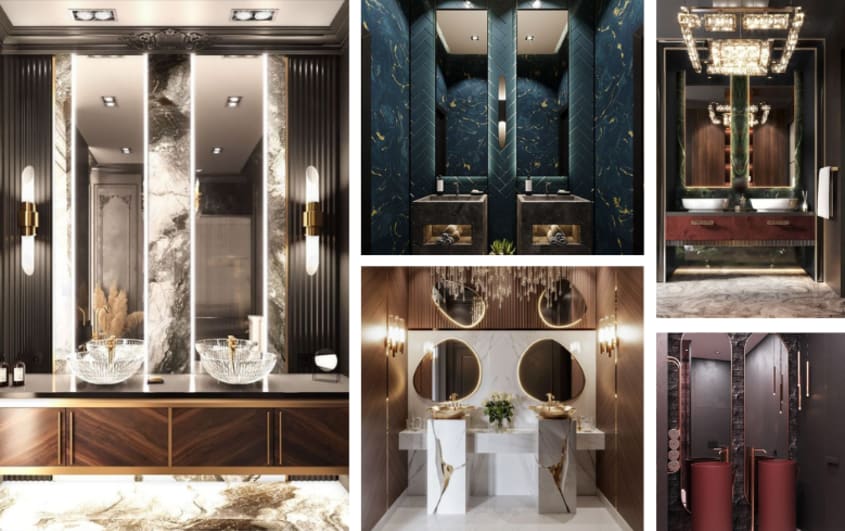 luxueuses toilettes de restaurants avec grands miroirs et carreaux de verre