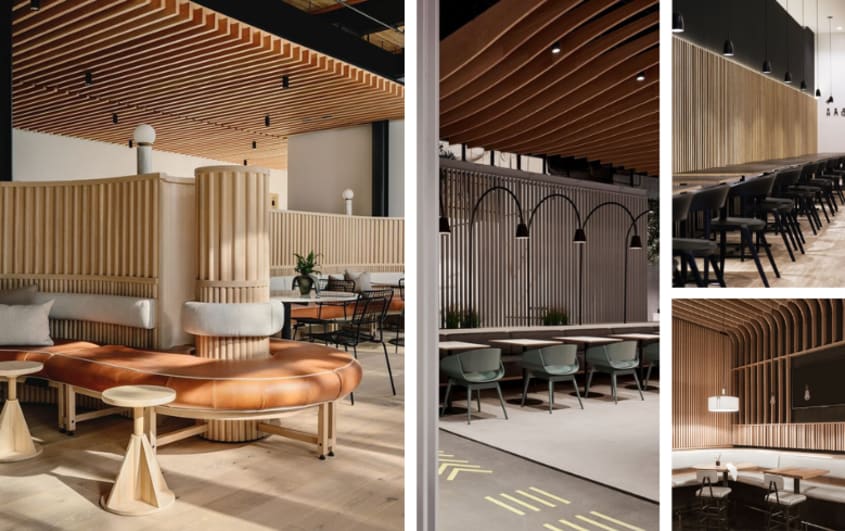 lattes verticales en bois sur murs de restaurants
