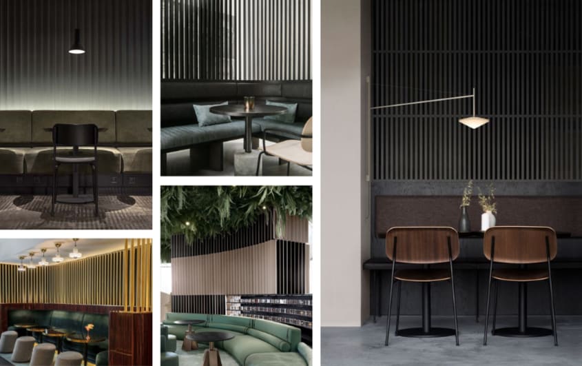 restaurant sombre avec lattes verticales noires aux murs