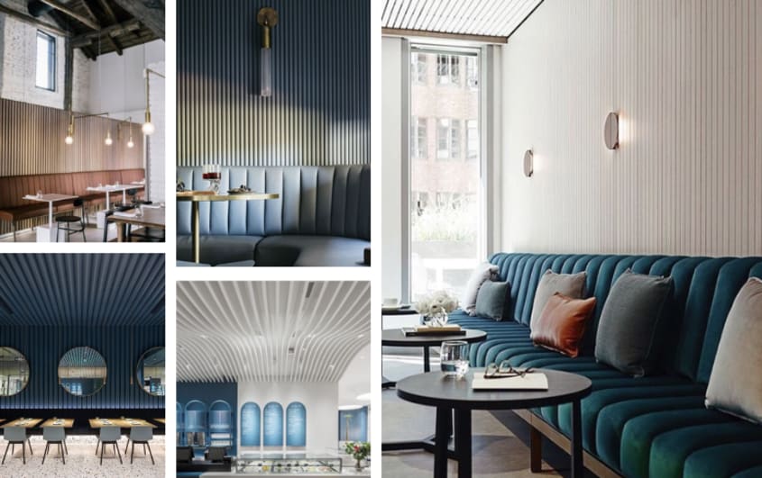restauranta spacieux avec lattes verticales blanches et bleues au mur et au plafond