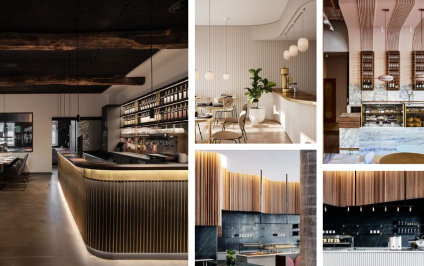 wood vertical slat on restaurant bar counter and walls