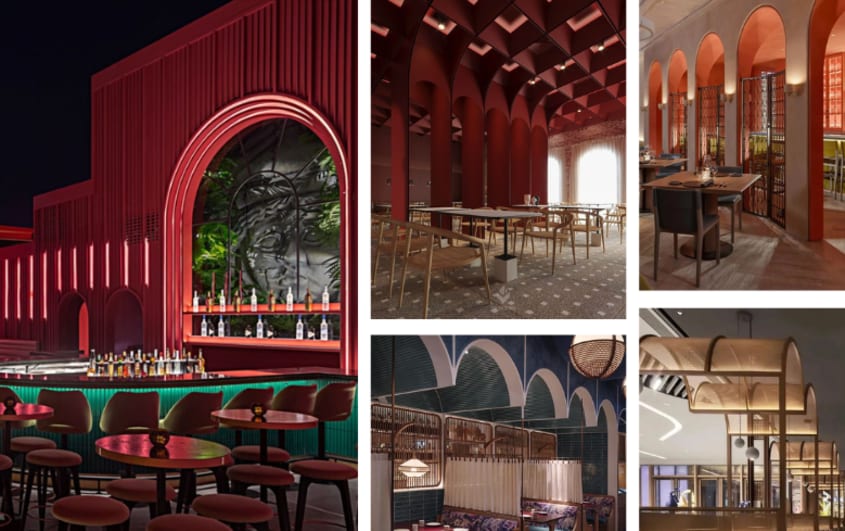 murs colorés avec arches dans restaurants sombres