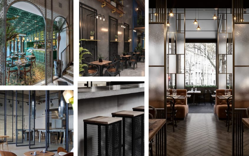 séparateurs et décorations murales modernes en métal dans restaurants