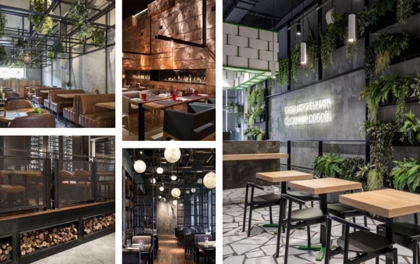 restaurants avec accents métalliques sur mur