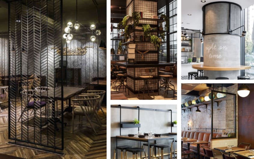 restaurant avec plantes et accents de métal noir aux murs