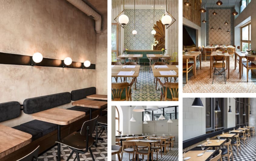 restaurant avec carreaux de ciment de différents motifs