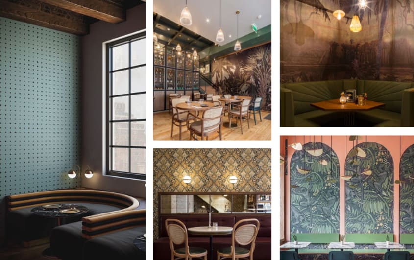 Restaurant décoré de papier peint aux tons froids avec différents motifs sur murs