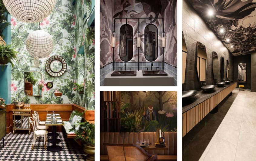 artistic and storytelling wallpaper in restaurant walls