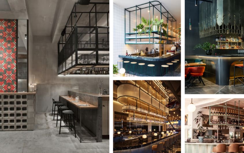 restaurant avec étagères suspendues au-dessus du bar pour plantes