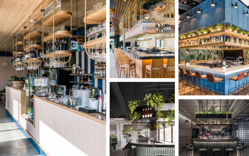 restaurant avec coin bar et étagères suspendues avec bouteilles et verres à vin