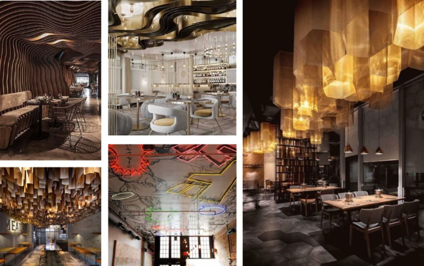 plafond décoratif d'art abstrait dans restaurants sombres