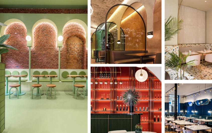 restaurant tendance avec murs colorés et murs à motifs