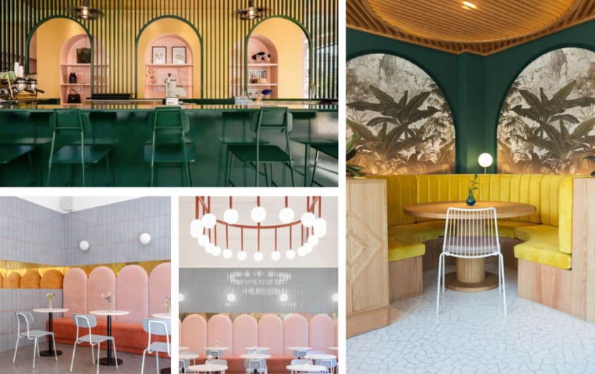 restaurant avec murs de couleurs vives et au design maximaliste