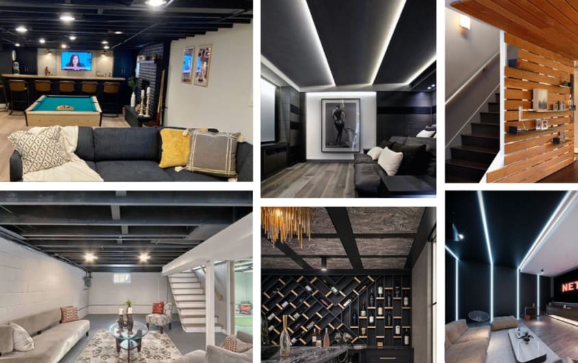 Trendy renovated basements with original ceilings and furniture