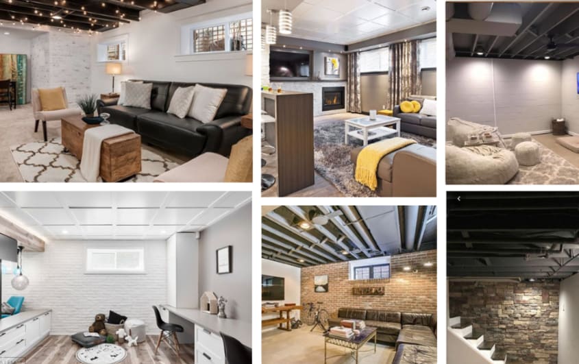 Trendy basements with original lighted ceilings and furnishings