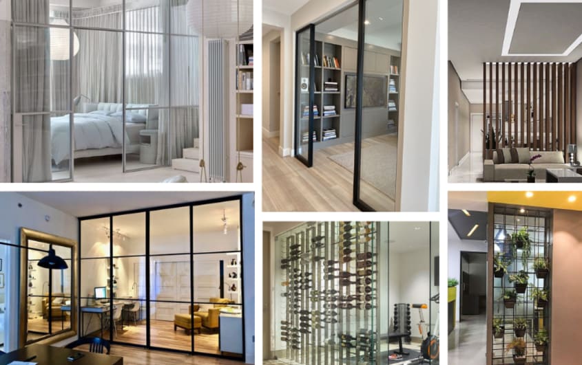 Elegant room dividers made of wood, steel and glass in trendy basements