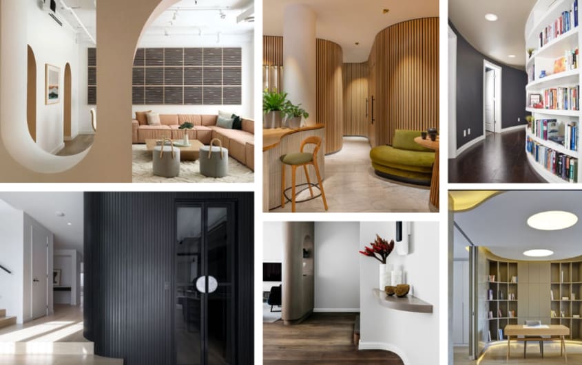 Curved walls and bookcases in trendy renovated basements
