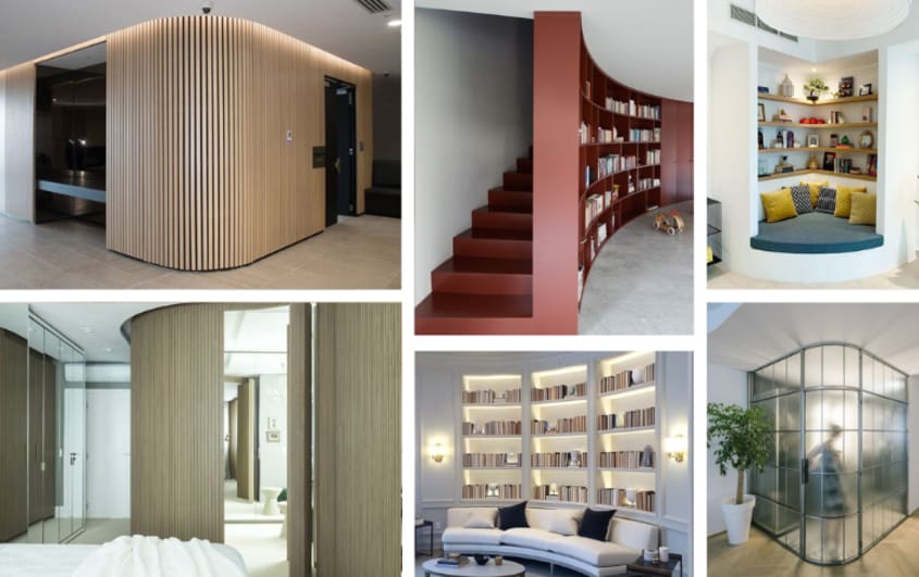 Original and trendy curved walls and bookcases in renovated basements